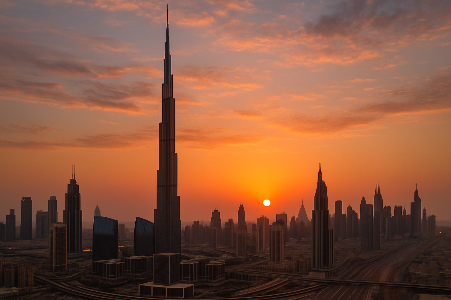 Burj Khalifa towering over Dubai skyline at sunset