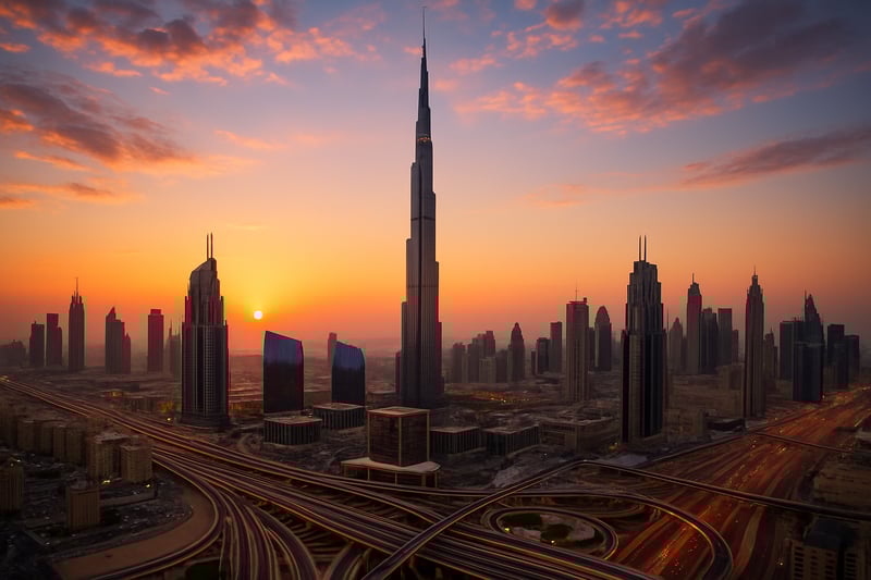 Dubai skyline featuring the Burj Khalifa and cityscape at sunset Dubai skyline featuring the Burj Khalifa and cityscape at sunset