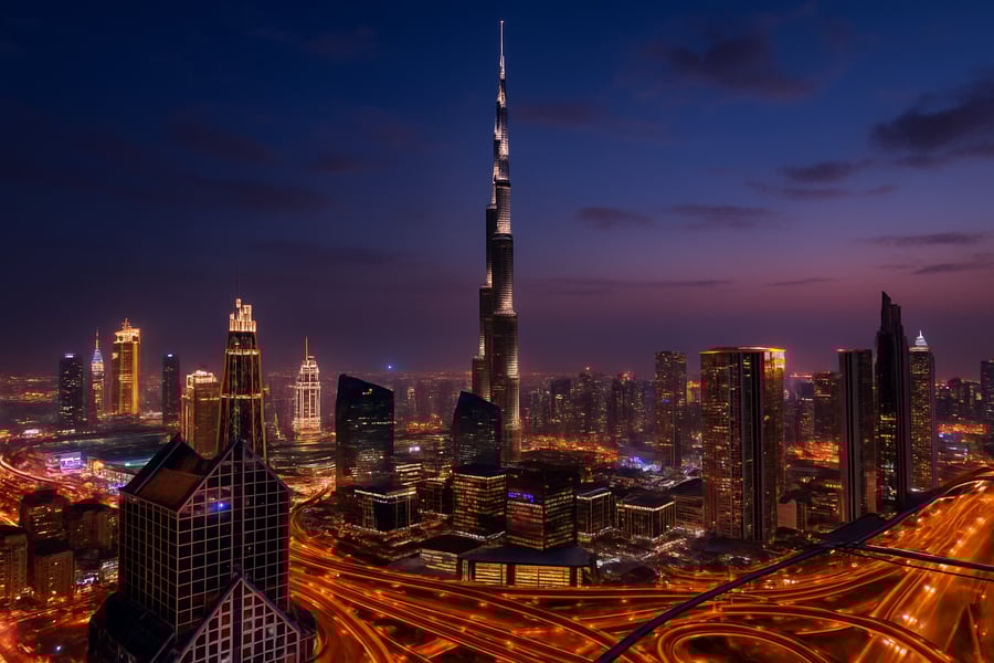 Dubai skyline with Burj Khalifa and vibrant city lights Dubai skyline with Burj Khalifa and vibrant city lights