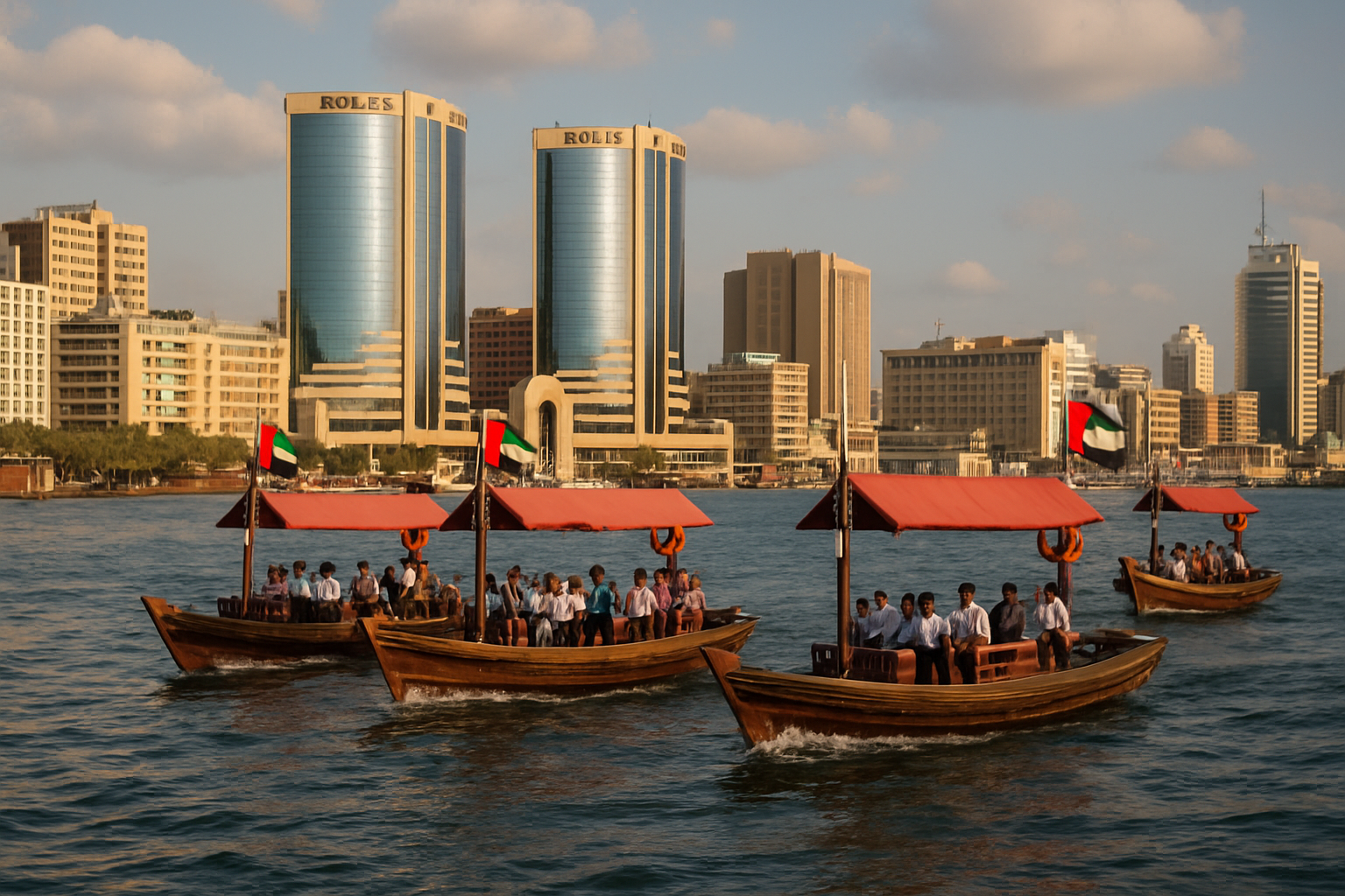 Traditional abra boats on Dubai Creek with city backdrop