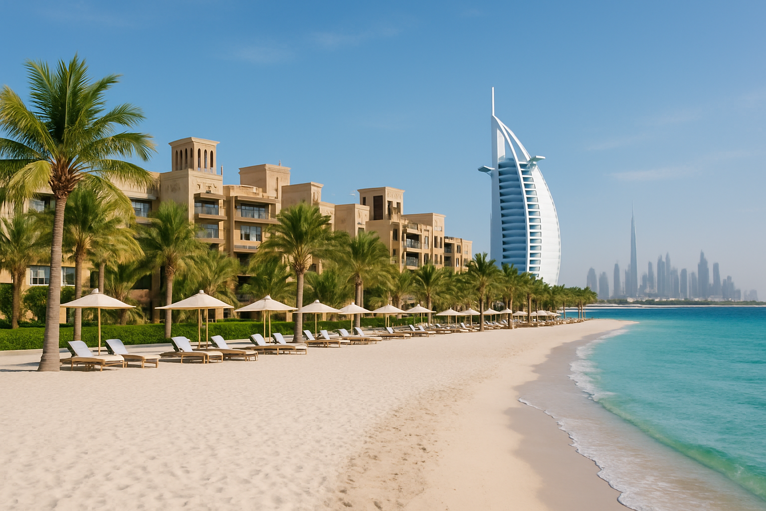 White sand beach with luxury resorts and palm trees in Dubai